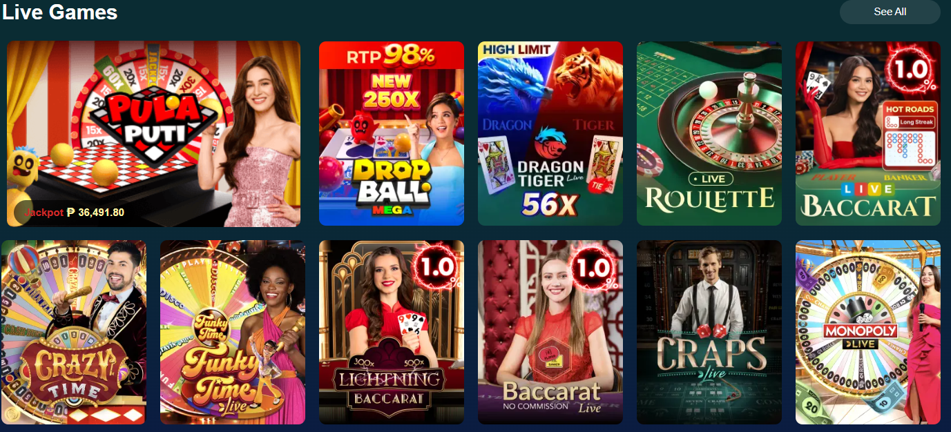 Casino Plus live games — Pula Puti jackpot ₱36K, Drop Ball Mega 98% RTP, Dragon Tiger, Crazy Time
