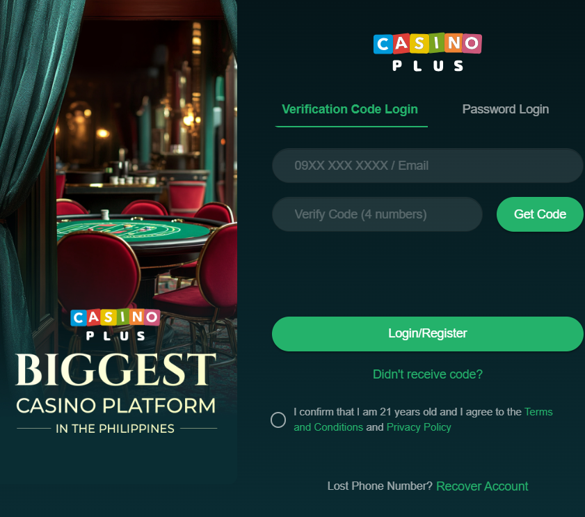 Casino Plus login and registration screen — Verification Code Login, Password Login, 21+ age confirmation
