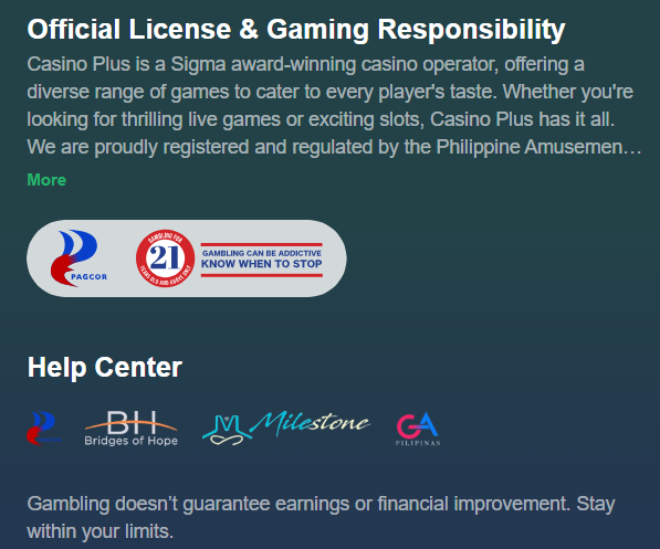 Casino Plus PAGCOR license badge and responsible gaming certification — 21+ Gambling Can Be Addictive