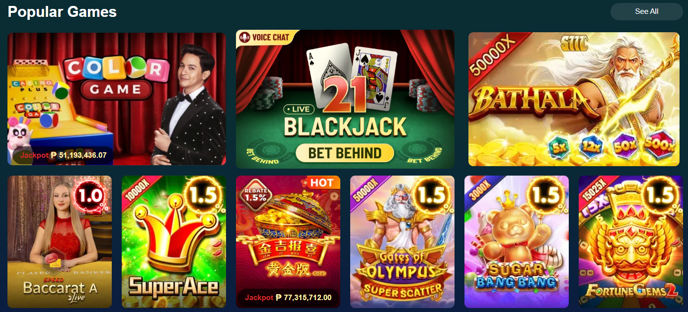 Casino Plus popular games lobby — Color Game jackpot ₱51M, Live Blackjack, Bathala slots