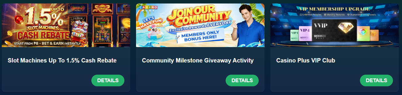 Casino Plus promotions — 1.5% Slot Machines Cash Rebate, Community Milestone Giveaway, VIP Club upgrade