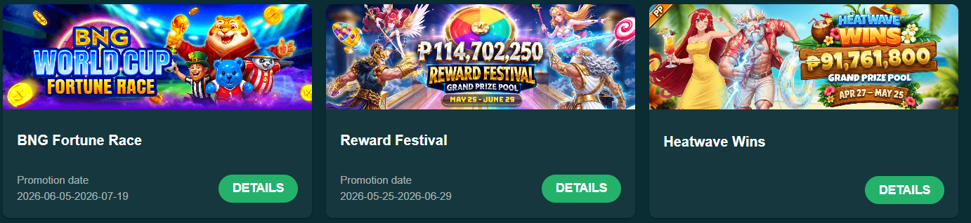 Casino Plus active promotions — BNG Fortune Race, Reward Festival ₱114.7M grand prize pool, Heatwave Wins