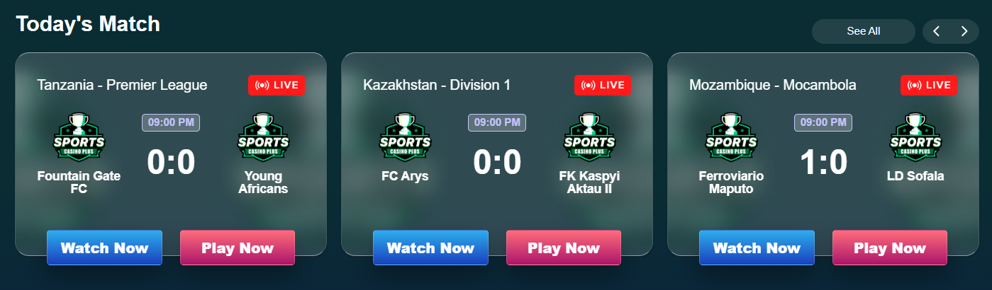 Casino Plus Sports — live matches Today's Match with Watch Now and Play Now buttons